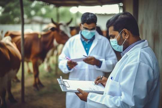 Two veterinarians in protective coats and masks are performing cow health assessments with a clipboard and notes.